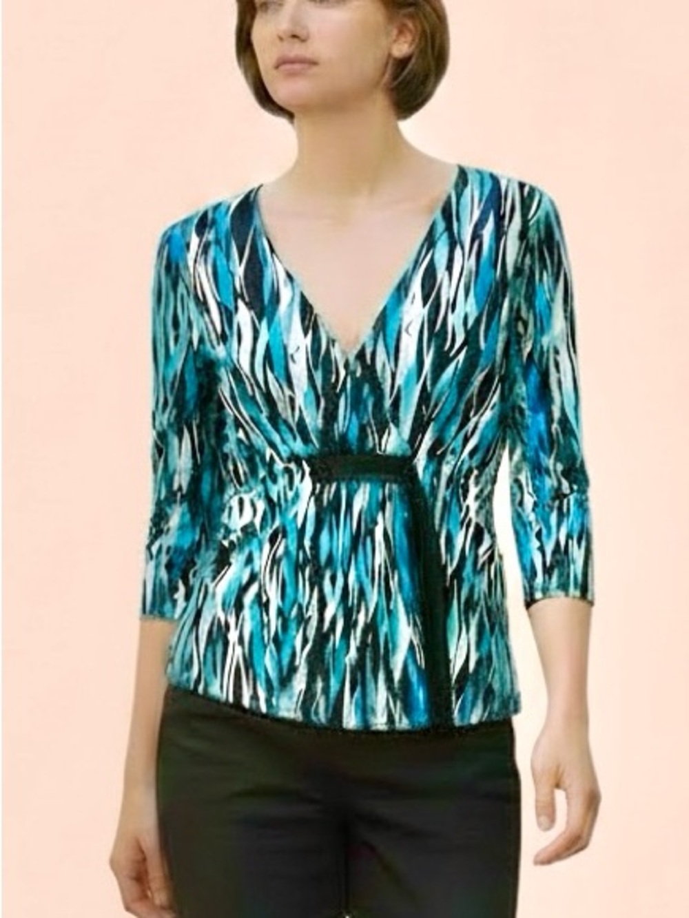 AB Studio V-Neck Blue Abstract Print Wrap Top - Women